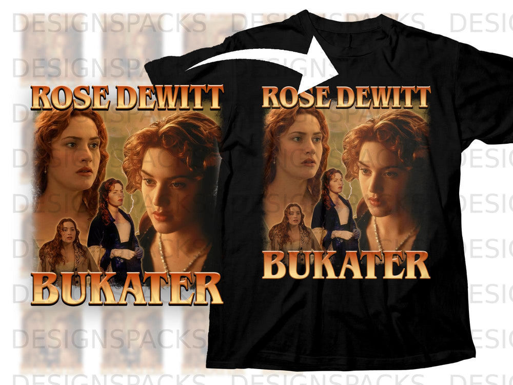 Black t-shirt with "Rose Dewitt Bukater" and Titanic movie images.
