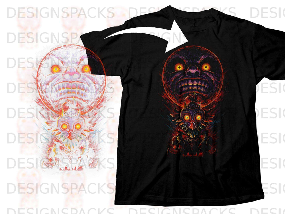 Black t-shirt with Majora's Mask and Fierce Deity Link artwork.