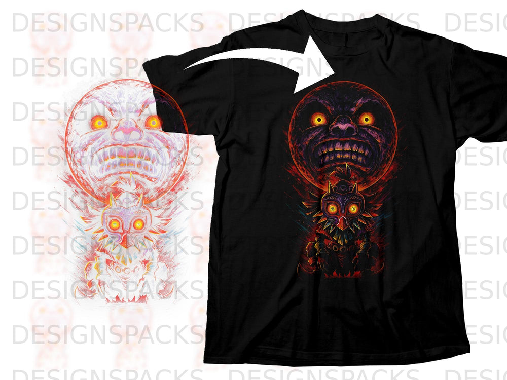 Black t-shirt with Majora's Mask and Fierce Deity Link artwork.