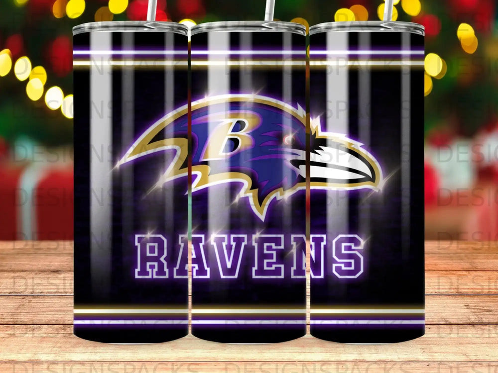 Baltimore Ravens logo on a black tumbler with purple and gold accents.