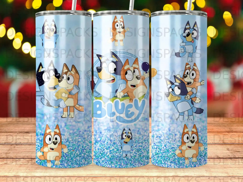 Bluey characters with "Bluey" text on a sparkly blue background.