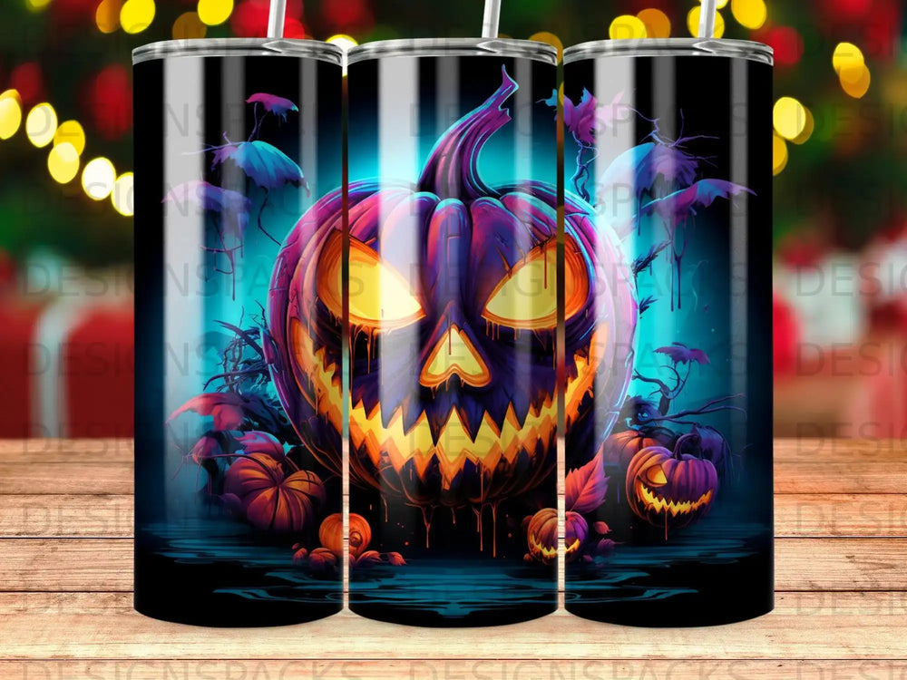 Jack-o'-lantern with glowing eyes surrounded by smaller pumpkins and eerie blue light.