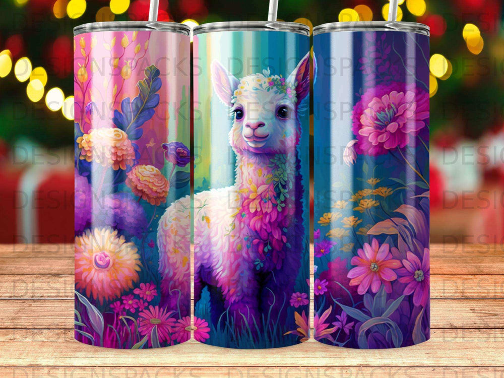 Pink and purple llama with colorful floral accents on a white tumbler.