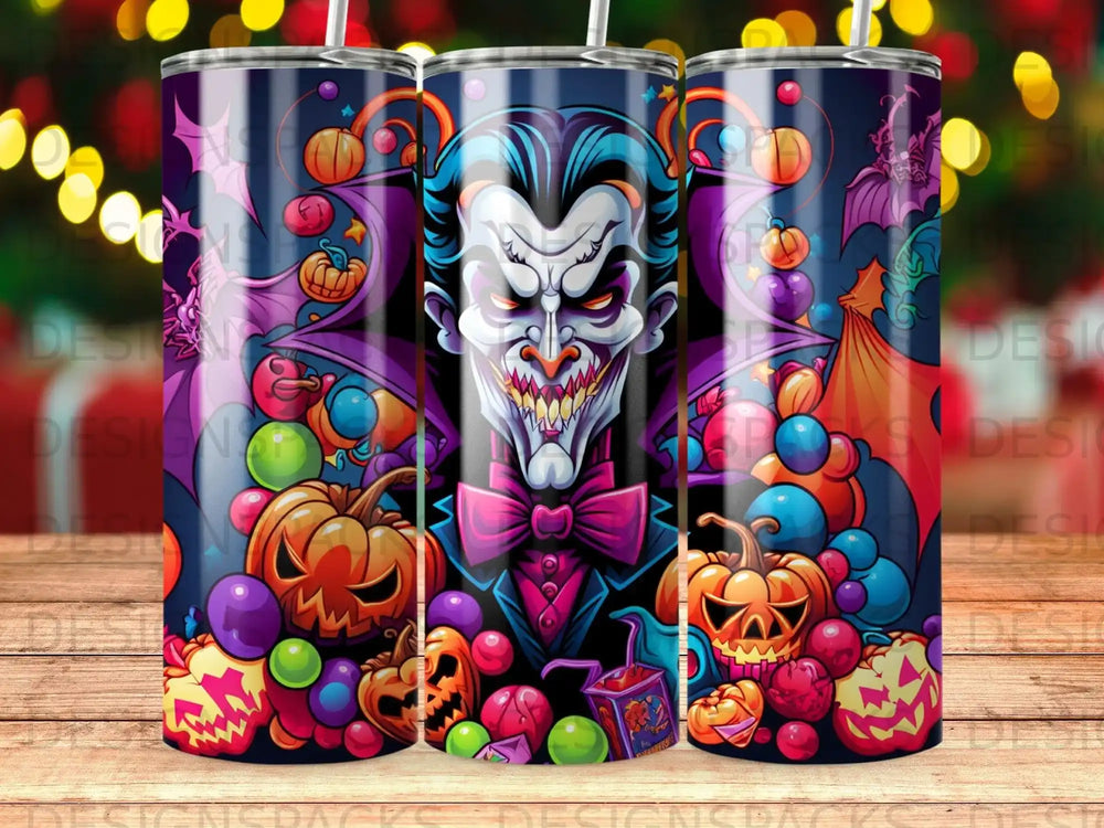 Halloween tumbler with a grinning vampire, pumpkins, bats, and colorful balloons.