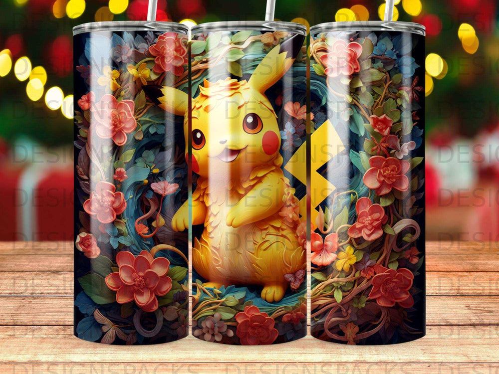 Pikachu character surrounded by colorful flowers and leaves on a tumbler.