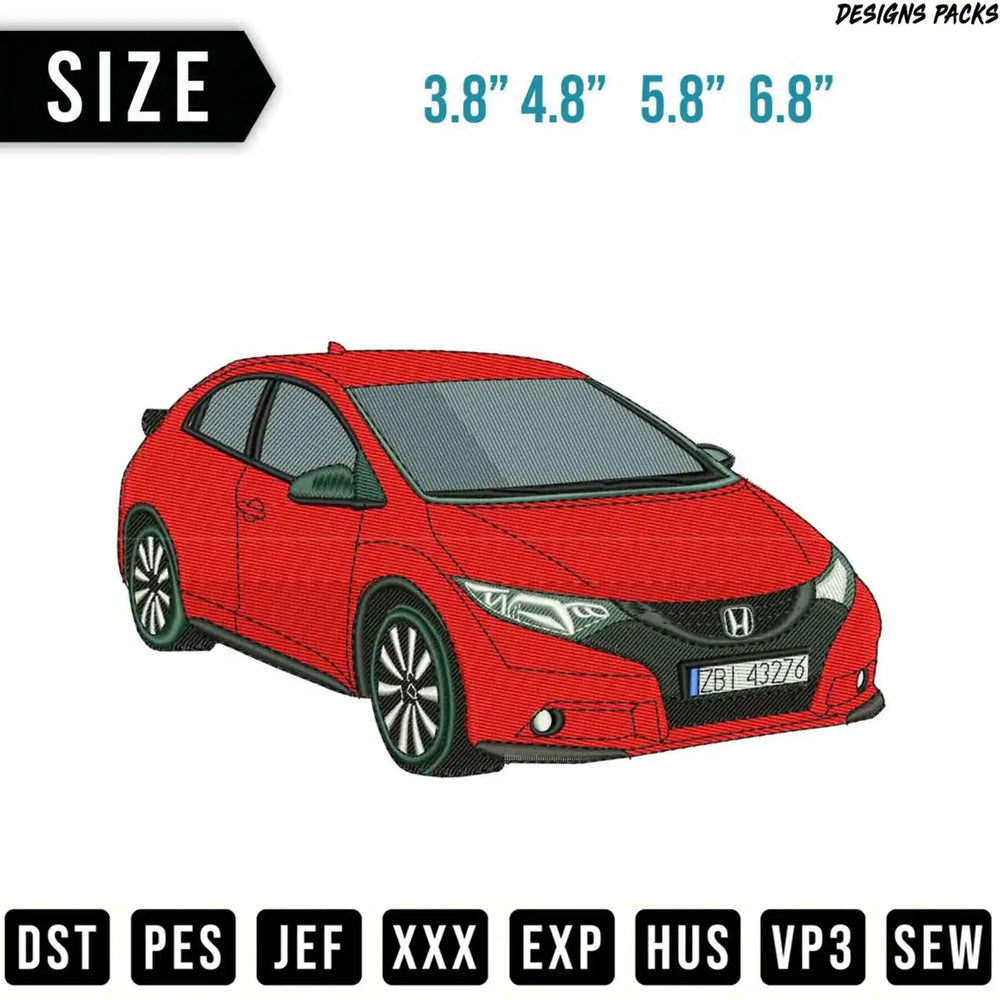 Red car embroidery design available in multiple sizes.