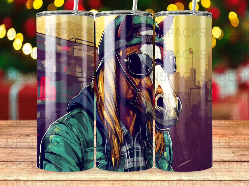 Horse wearing sunglasses and a green jacket, with plaid shirt and hat.