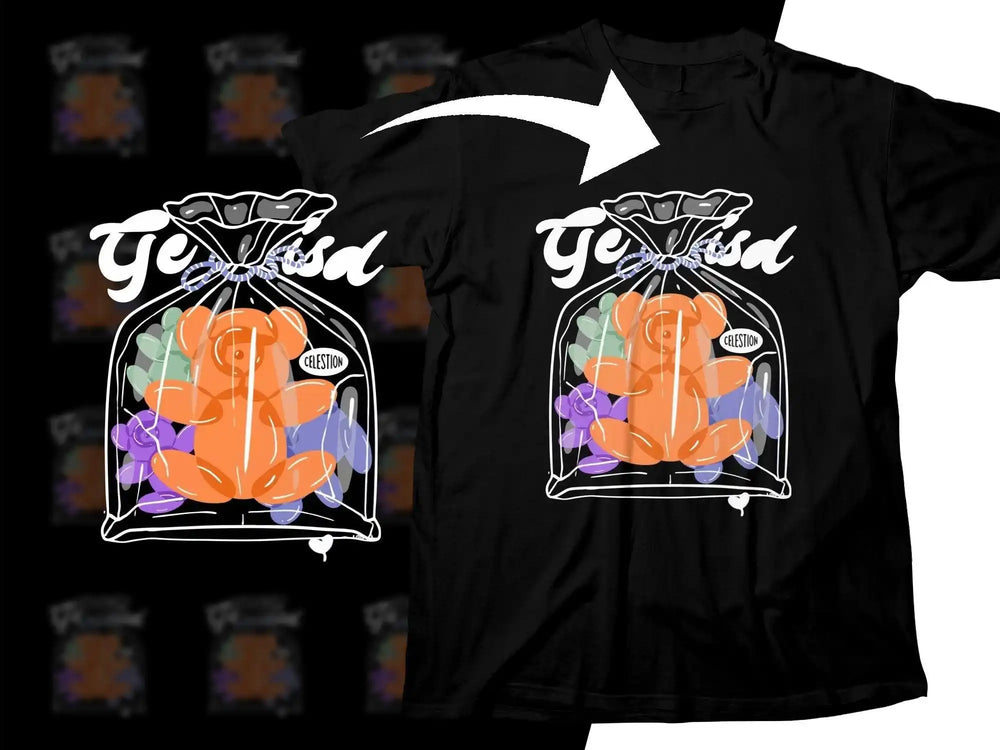 Black t-shirt with 'Te Fisa' design featuring orange bear in gift bag, print-ready SVG/PNG for DTG/DTF