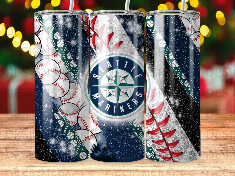 Seattle Mariners baseball team logo tumbler with stars and glitter.
