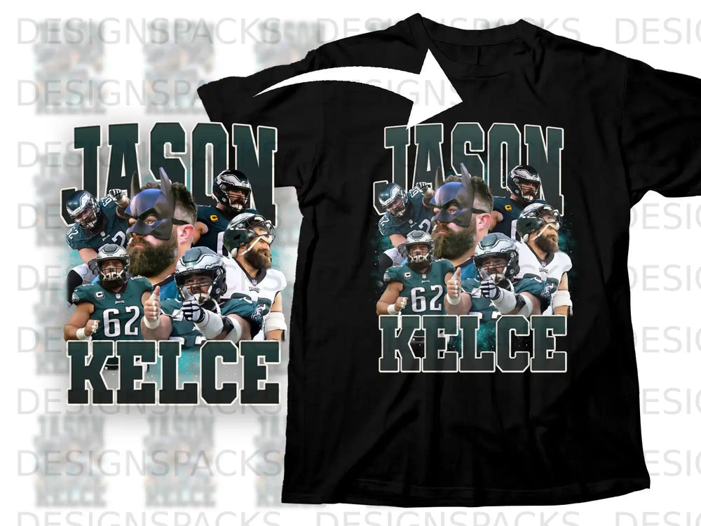 Jason Kelce collage on a black t-shirt with thumbs up.