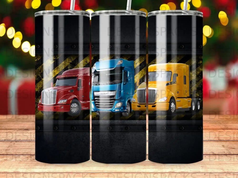 Three stylized trucks: red, blue, and yellow, with a black textured background.