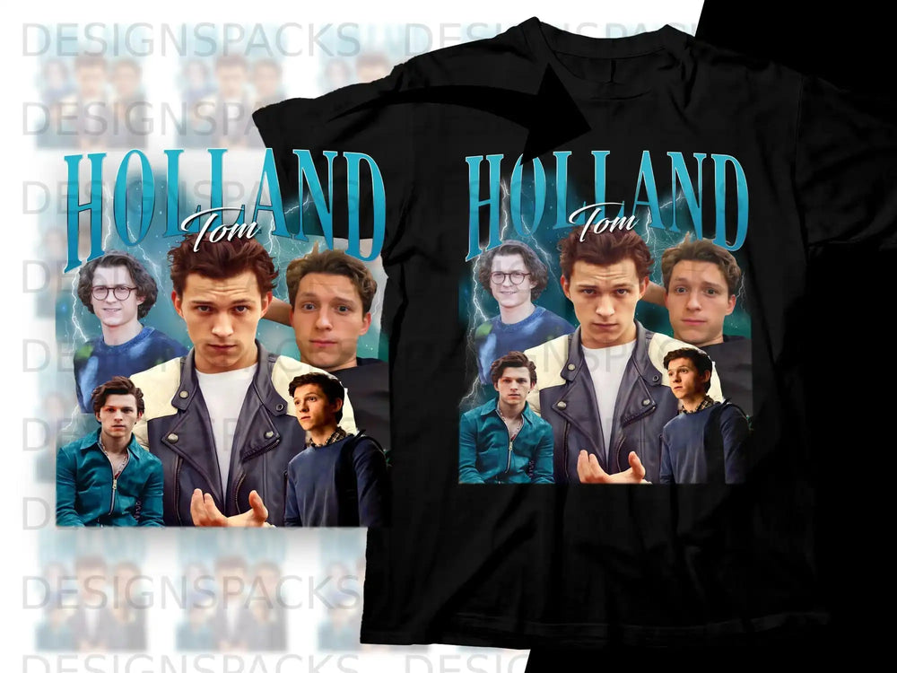 Collage of Tom Holland photos on a black t-shirt.