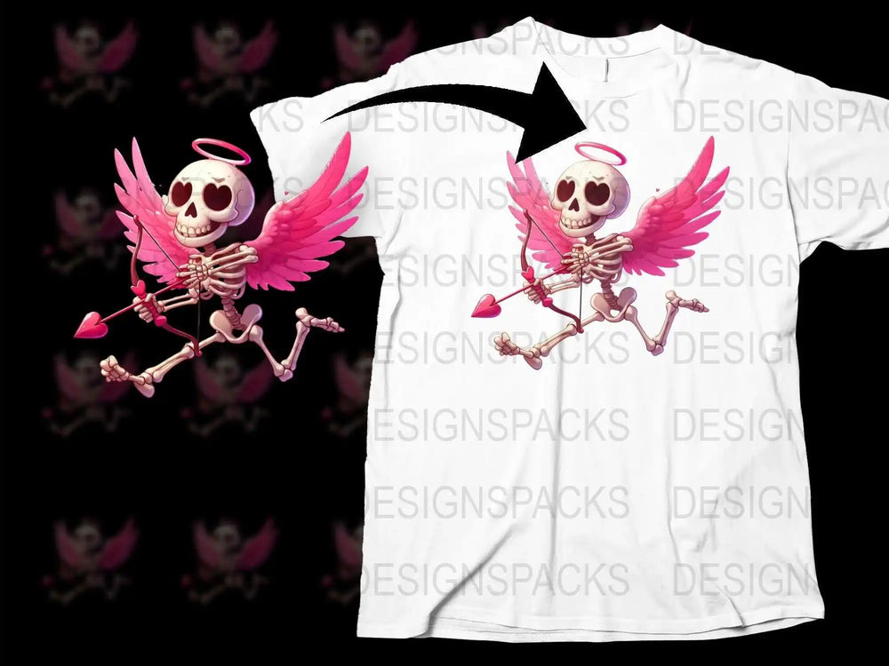 Skeleton Angel Cupid T-Shirt, Gothic Valentine's Day Gift, Pink Wings Skull Tee, Unisex Fashion Shirt for All Ages