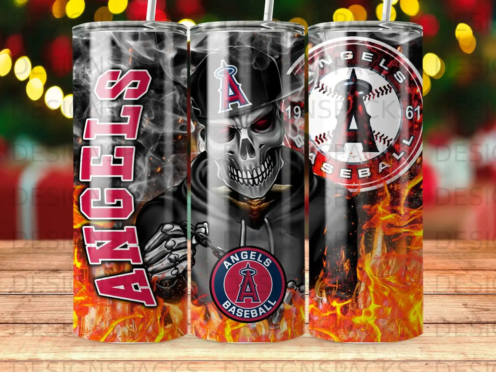 Los Angeles Angels baseball skull mascot with fire and team logo on tumbler.