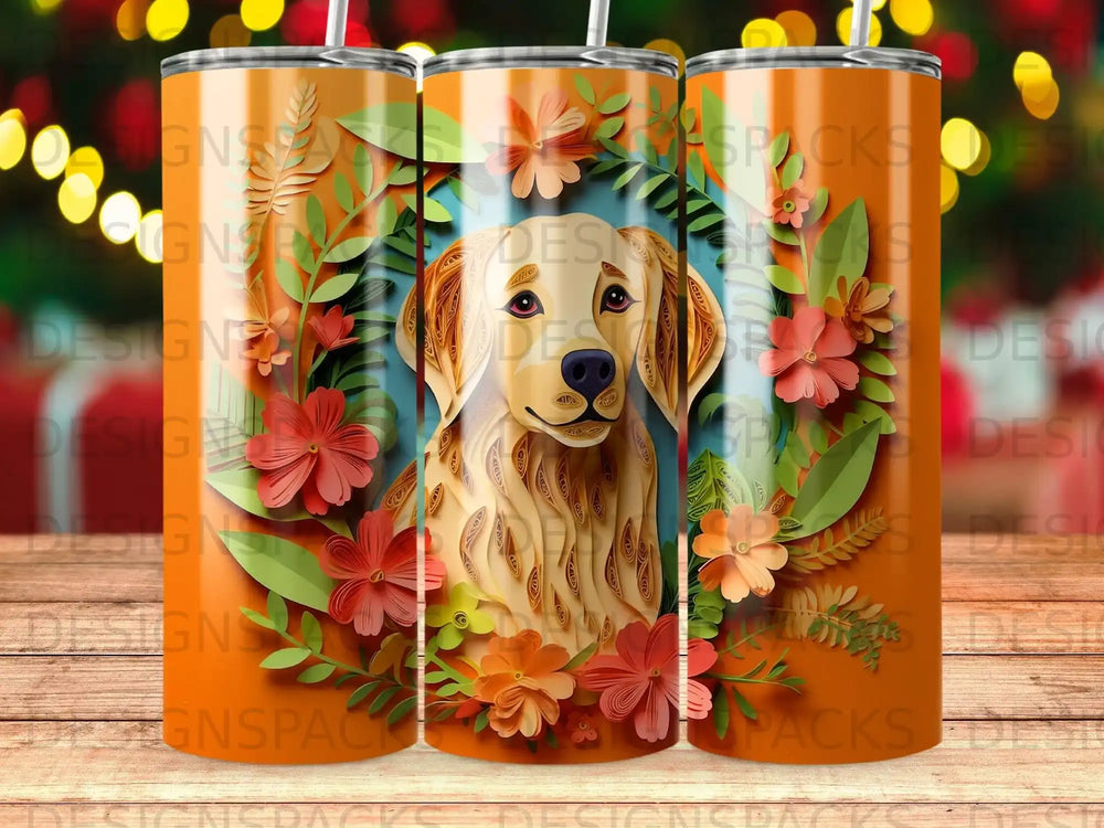 Golden retriever portrait on a tumbler with floral and leafy embellishments.