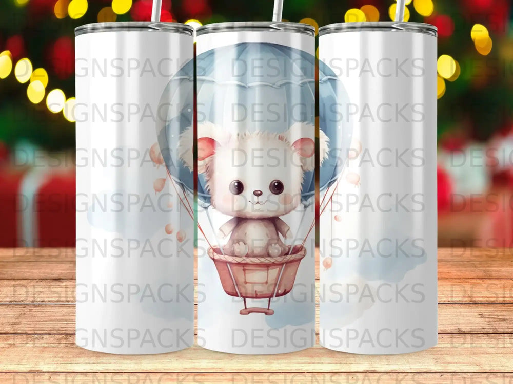 Cute bear in hot air balloon on a tumbler design.