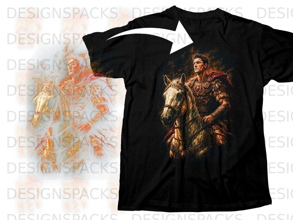 Black t-shirt with a detailed graphic of a Roman soldier on horseback.