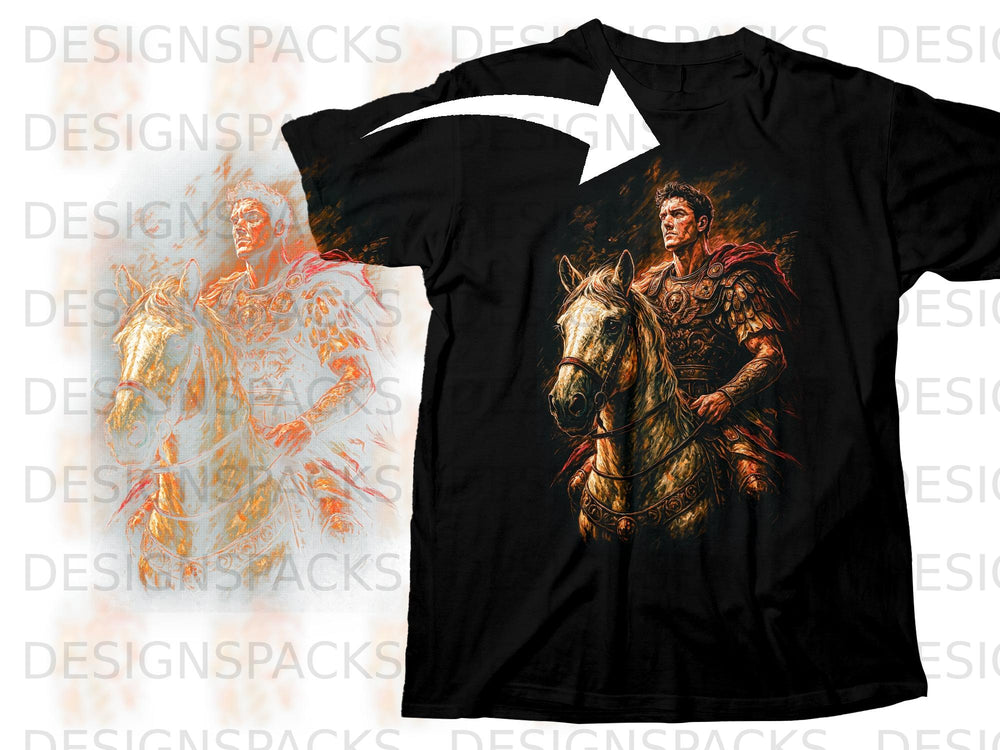 Black t-shirt with a detailed graphic of a Roman soldier on horseback.
