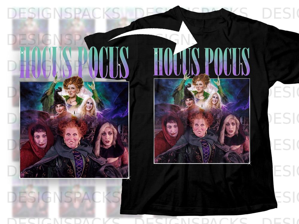 Black t-shirt with "Hocus Pocus" and movie characters.