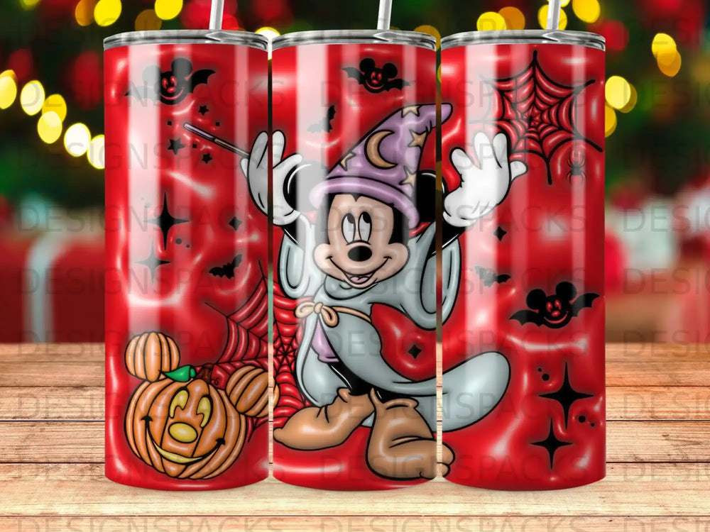 Mickey Mouse in a wizard costume with pumpkins and a spiderweb.