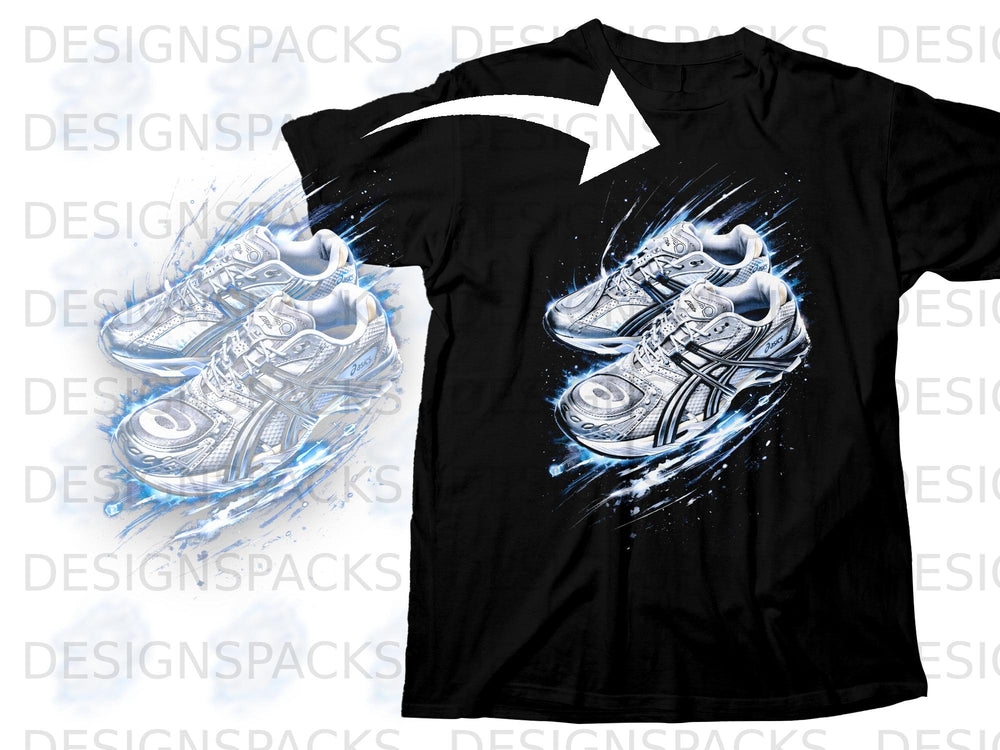 Black t-shirt featuring a graphic of two white and silver athletic shoes with blue energy effects.