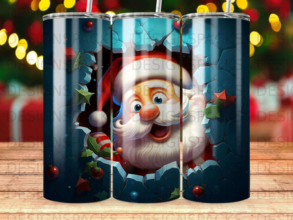 Santa Claus peeking through a cracked blue wall with holly and ornaments.