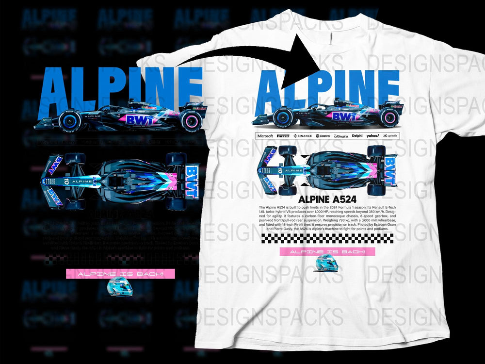 Alpine A524 Formula Racing Car Graphic T-Shirt, Motorsport Fan Apparel, Unisex Full Print Design