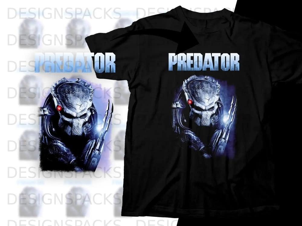 Black t-shirt featuring a detailed Predator mask with glowing blue eyes.