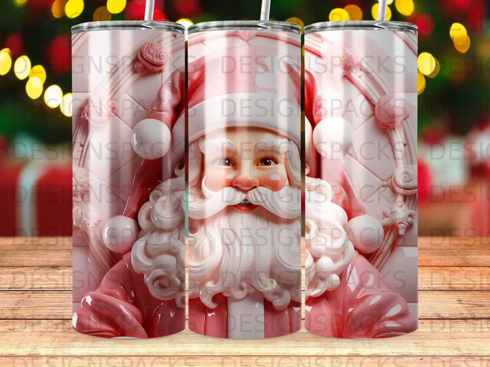 Santa Claus tumbler wrap with a rosy-cheeked Santa and holiday decorations.