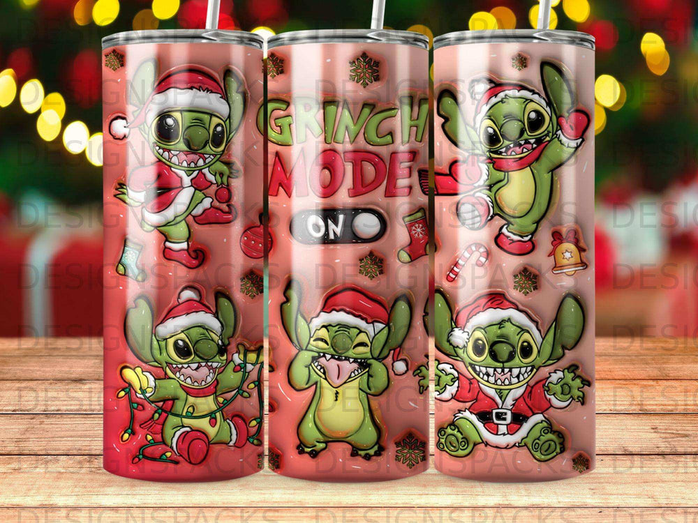 Stitch in Grinch costume with "Grinch Mode ON" text on a tumbler.