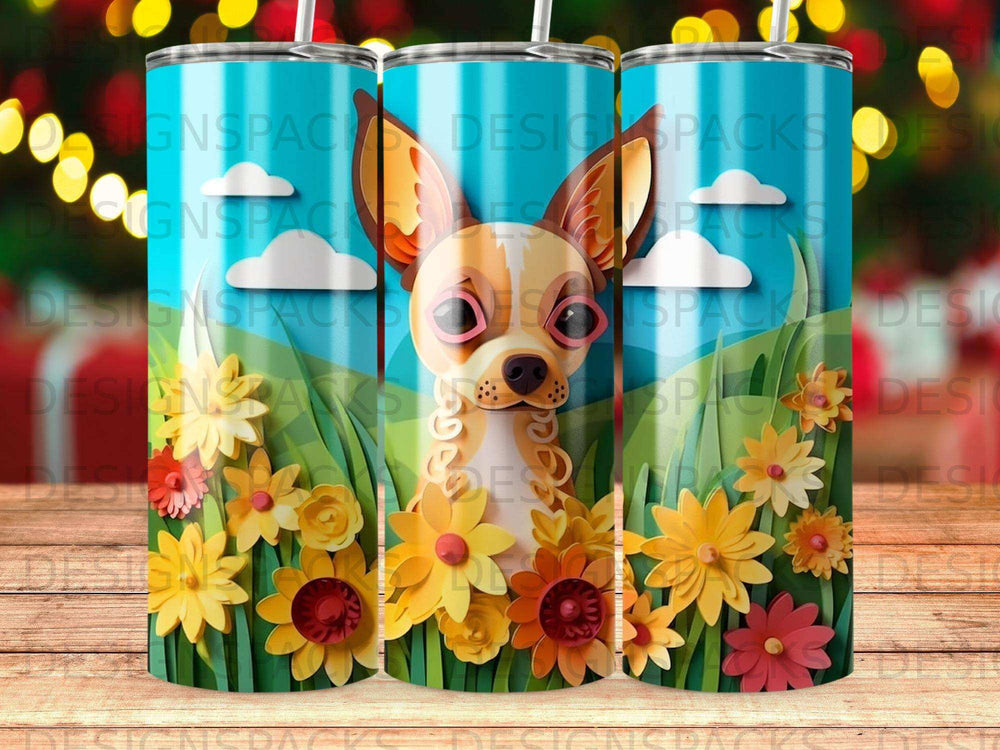 Chihuahua in sunglasses among colorful flowers and clouds.
