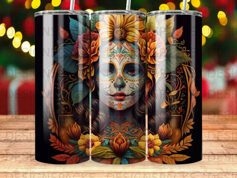 Sugar skull woman with floral accents on a black tumbler.