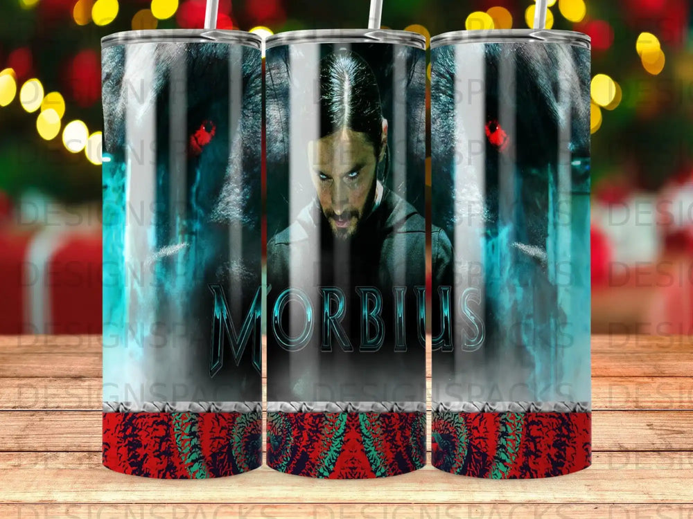 Morbius movie poster with vampire-like figure and title text.