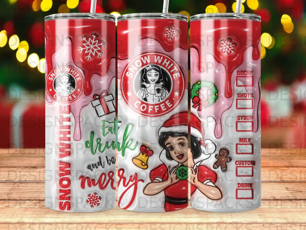 Snow White character holding a mug with "Snow White Coffee" and holiday elements.
