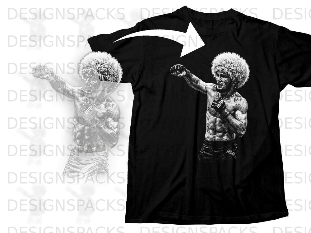 Black t-shirt with a drawing of a muscular fighter in a fur hat.
