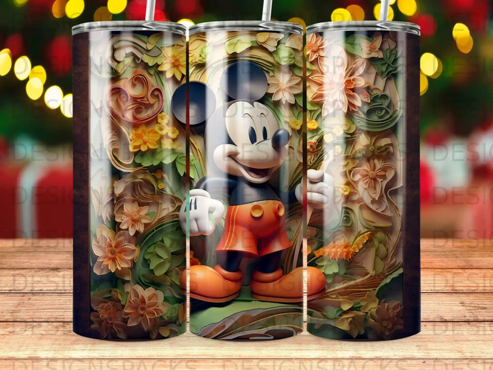 Mickey Mouse in a 3D forest floral design on a tumbler.