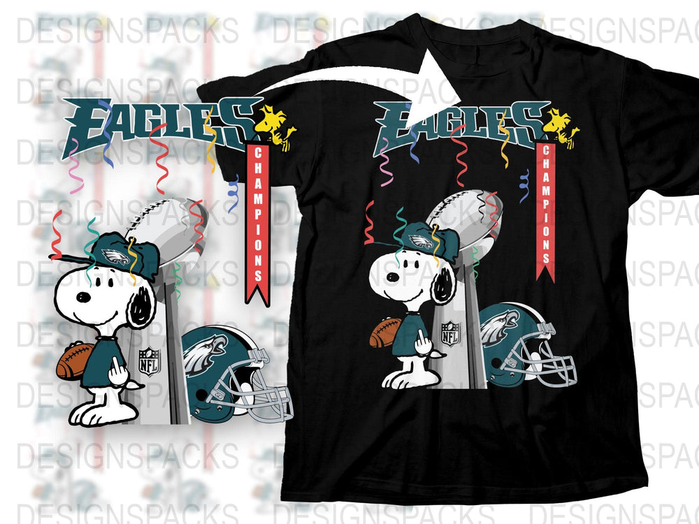 Snoopy Eagles NFL Champions Graphic T-Shirt, Cartoon Football Fan Apparel, Unisex Black Tee