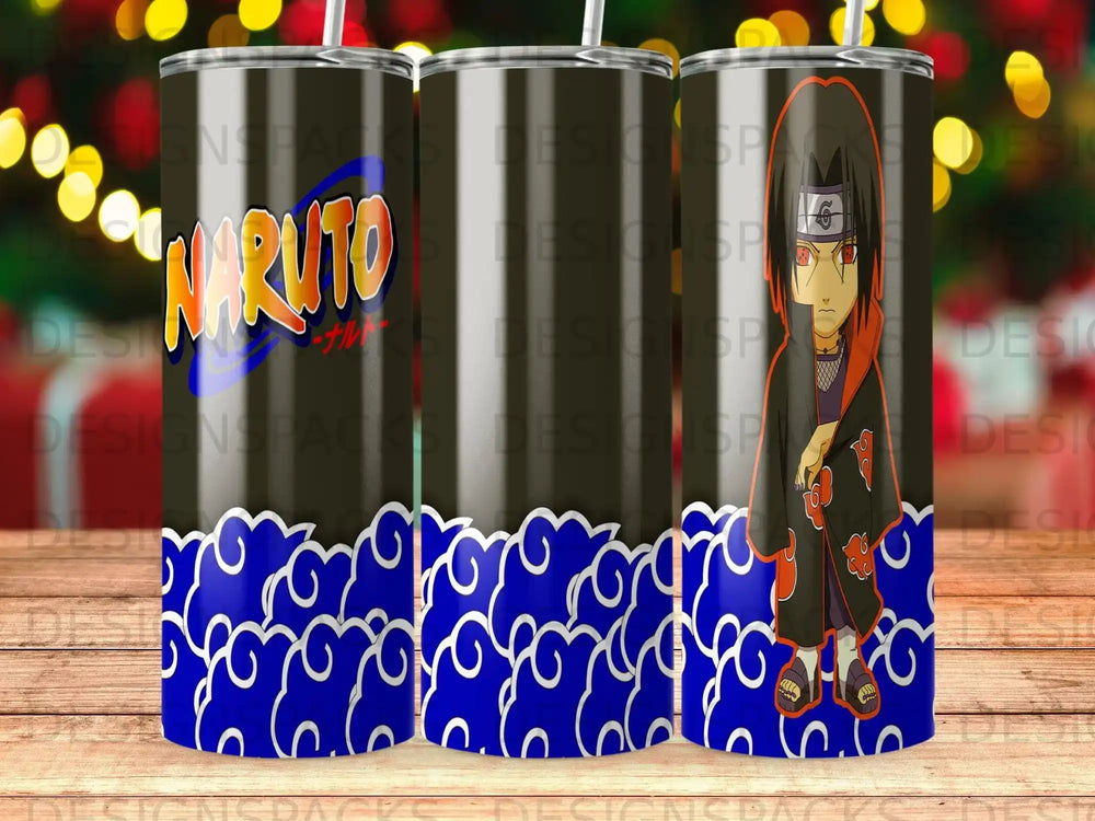 Naruto character Sasuke Uchiha in orange and black robe on a blue cloud pattern tumbler.