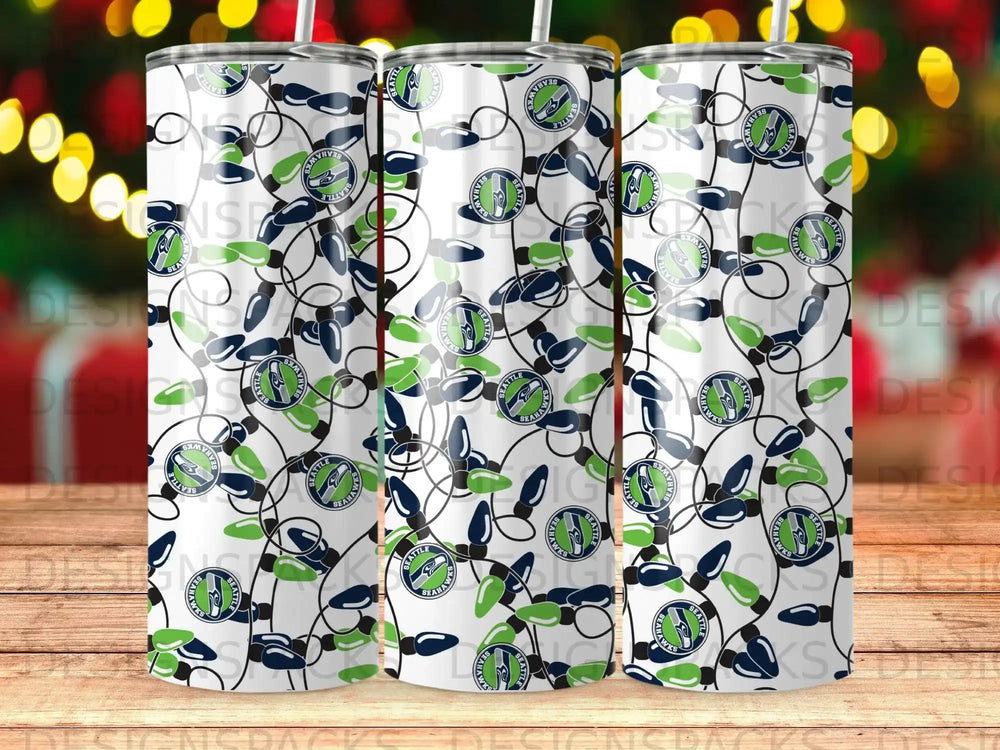 Seattle Seahawks logo on a string of Christmas lights tumbler.