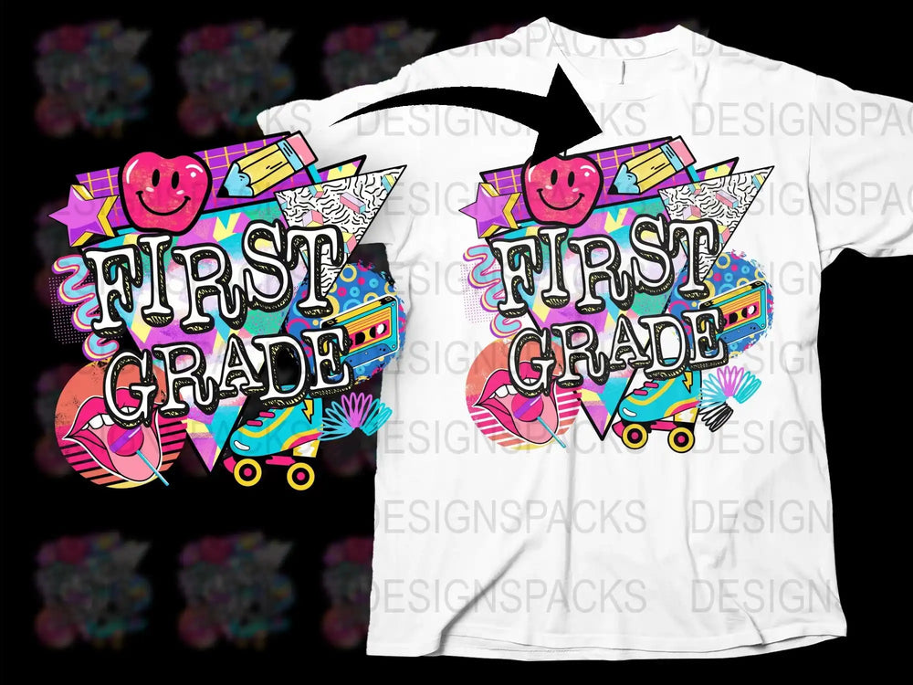 Colorful First Grade Teacher T-Shirt, Fun Graphic Kids Tee, School Smiley Face, Roller Skate Design, Bright Colors