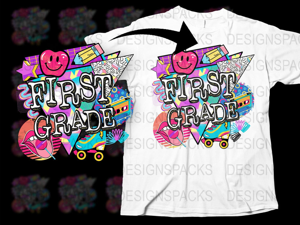 Colorful First Grade Teacher T-Shirt, Fun Graphic Kids Tee, School Smiley Face, Roller Skate Design, Bright Colors