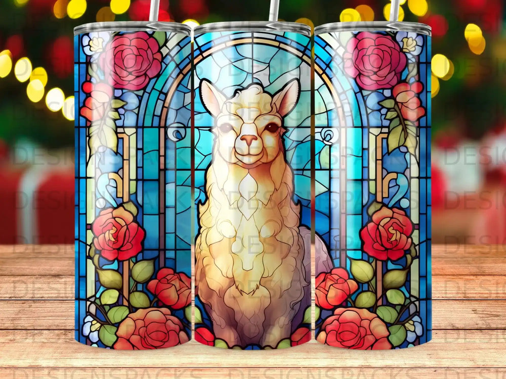 Stained glass llama with roses and floral accents on a textured background.