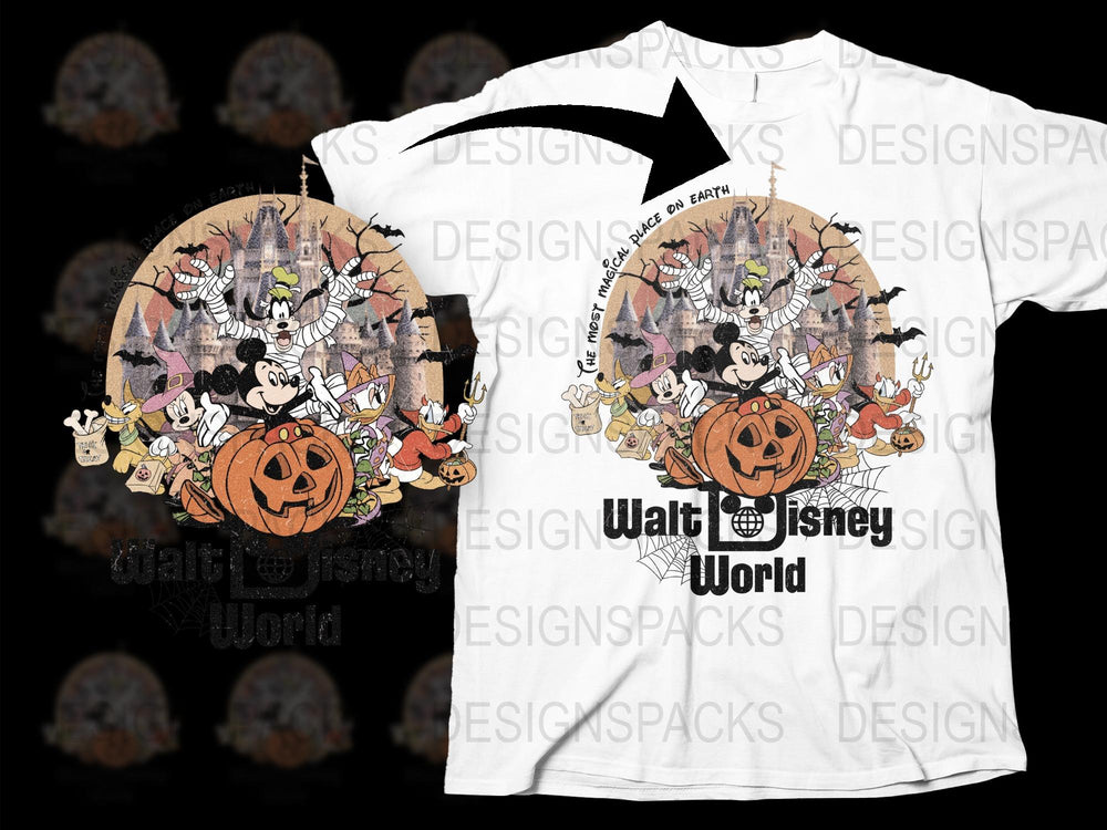 Vintage Disney Halloween T-Shirt, Classic Character Pumpkin Graphic, Collectible Walt Disney World Tee