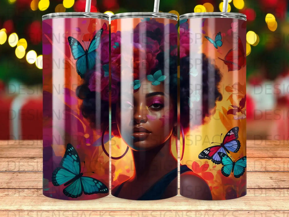 Woman with butterflies on tumbler, featuring bright colors and floral accents.