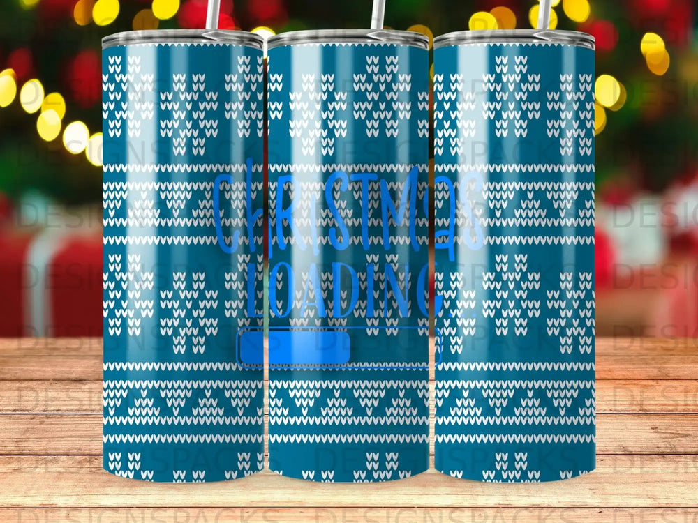 Blue tumbler with white V-pattern and "Christmas Loading" text.