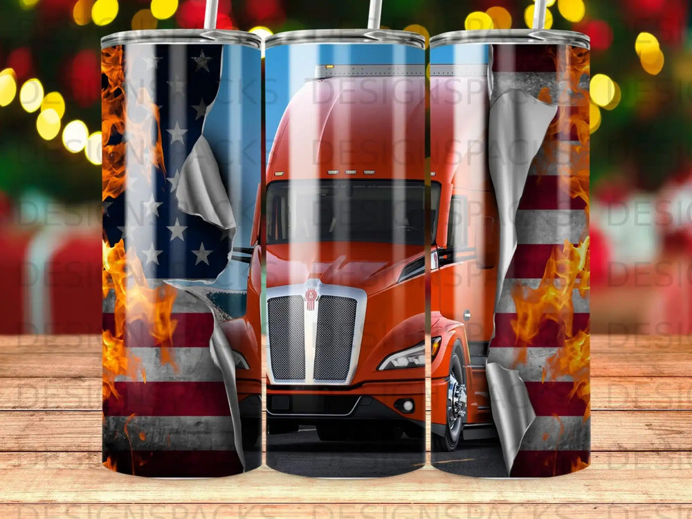 Orange semi-truck emerging from torn American flag with flames.