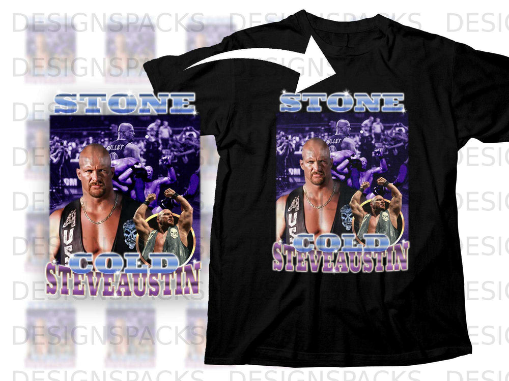Black t-shirt featuring Steve Austin with "Stone Cold" text.