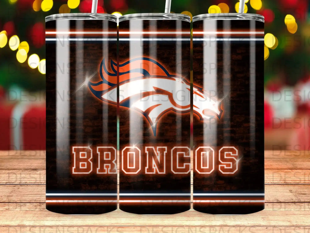 Denver Broncos logo and team name on a dark, brick-patterned tumbler.