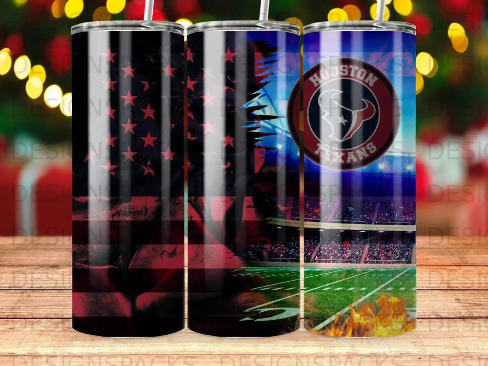 Houston Texans football stadium with American flag overlay on tumbler.