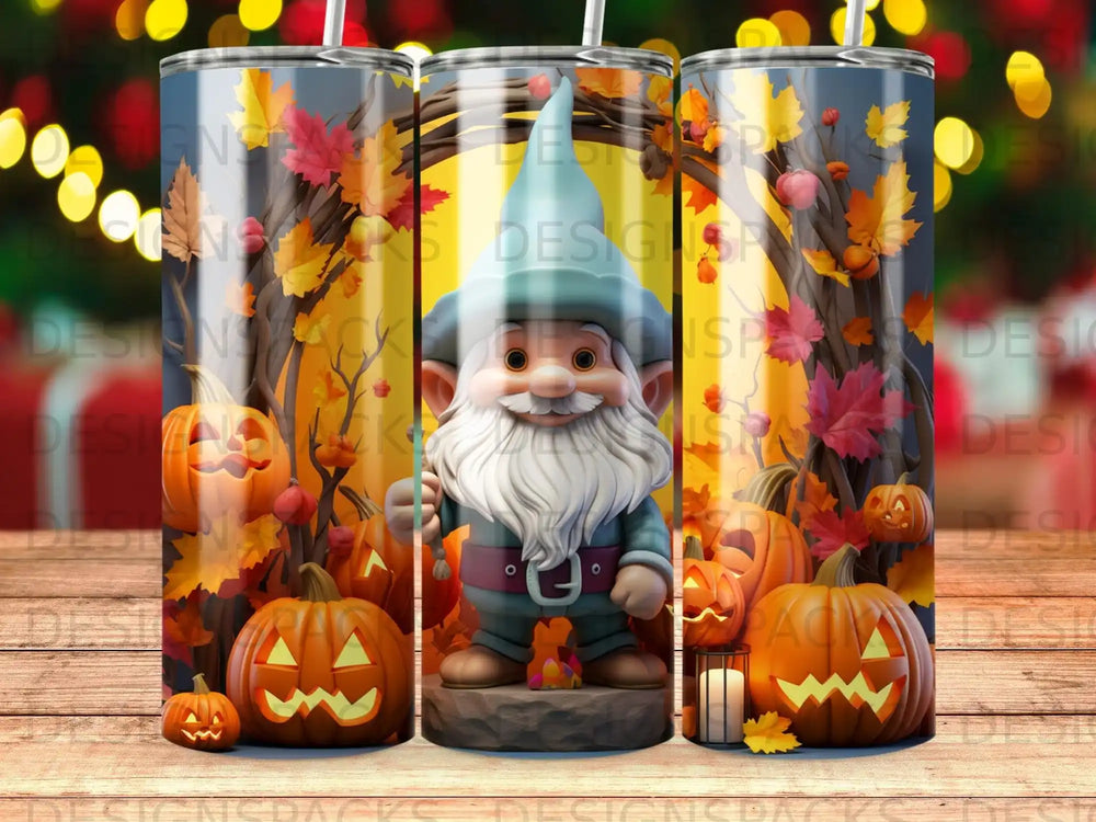 Gnome with pumpkins and autumn leaves on a tumbler.